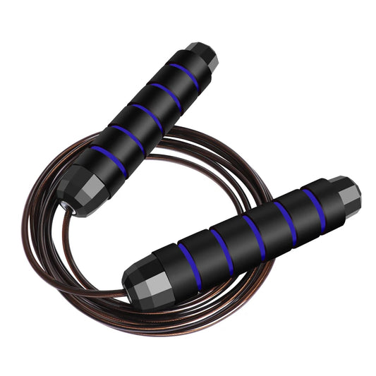 Adjustable jump rope with black handles, blue stripe grips, and coiled steel cable