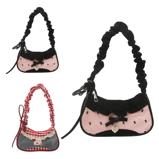 Two women’s shoulder bags: black-and-blush bow design and red gingham lace style