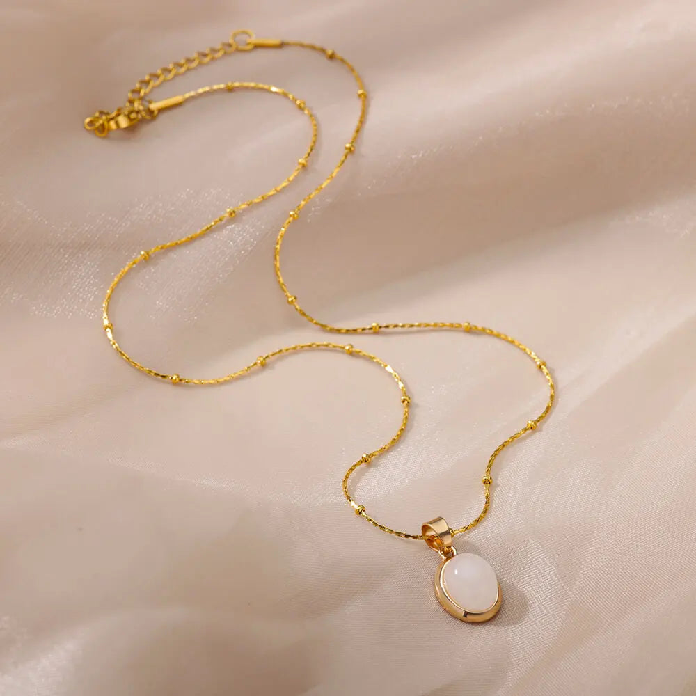 Oval Opal Pendant Necklace For Women Gold Plated Stainless Steel Bead Chains Necklaces 2022 Trend Wedding Jewelry collares mujer