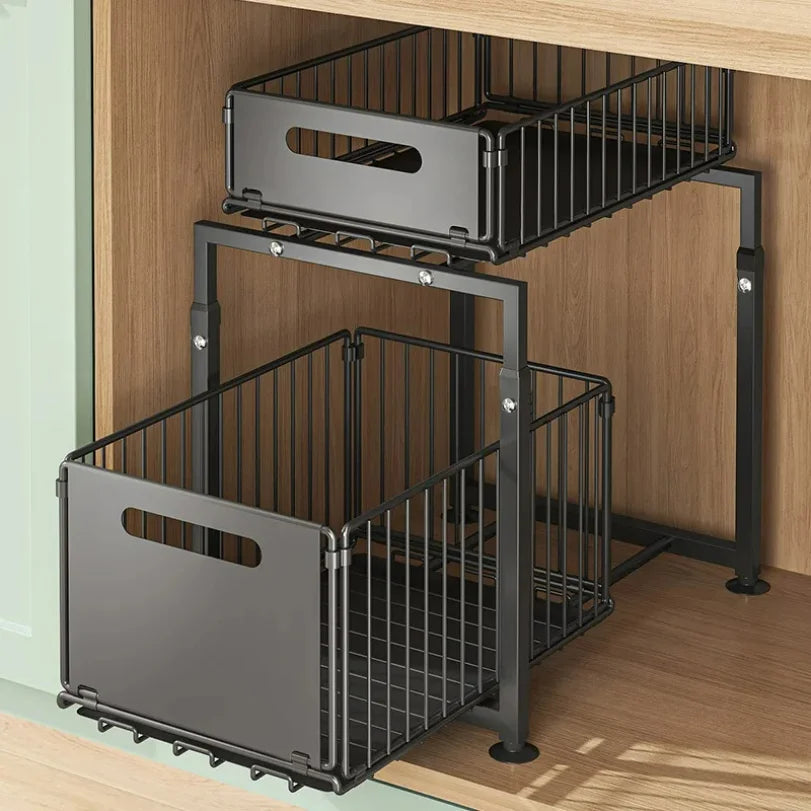 Kitchen Sink Storage Rack Pull-Out Basket Double Layer Spice Snack Bottle Can Organizer Cabinet Multi-level Shelf