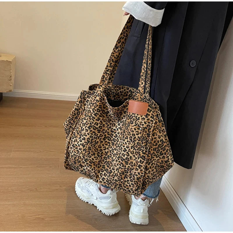 Vintage Leopard Print Women's Handbag Fashion Large Capacity Leopard Print Canvas Bag Underarm Bag Large Shopping Bag Women' Bag