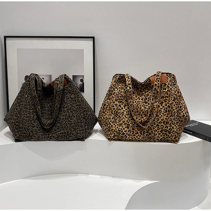Vintage Leopard Print Women's Handbag Fashion Large Capacity Leopard Print Canvas Bag Underarm Bag Large Shopping Bag Women' Bag