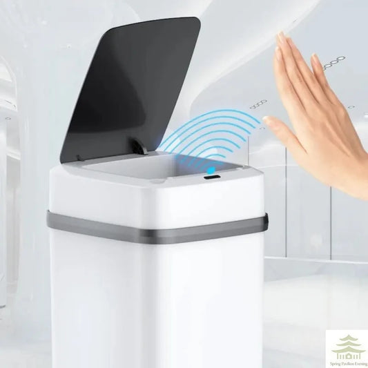 White 13L touch trash can with open black lid and blue sensor light on base