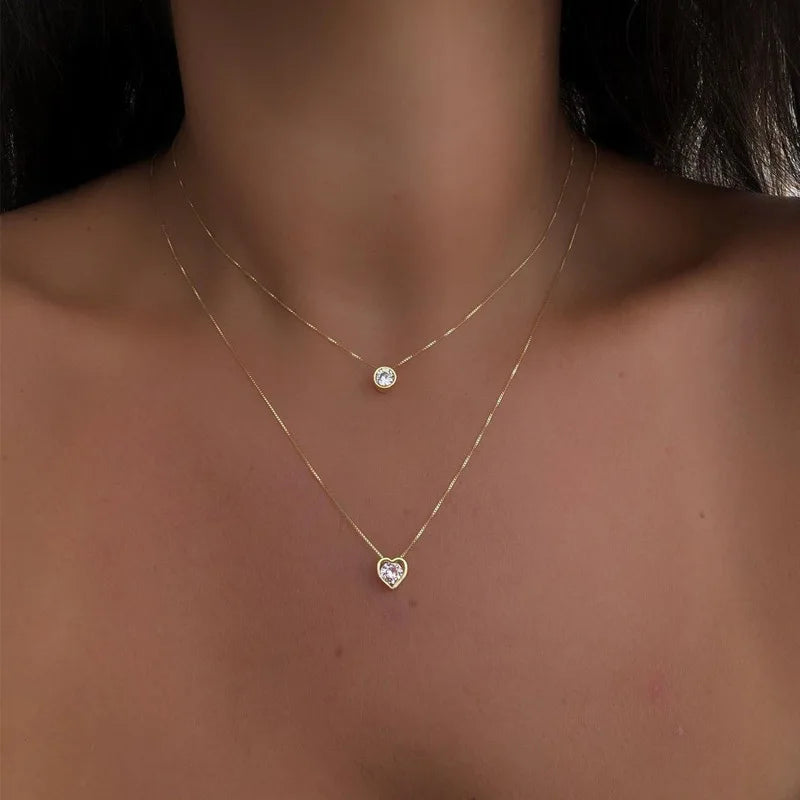 Simple Double Layer Chain Rhinestone Heart Choker Necklaces for Women Jewelry Gift