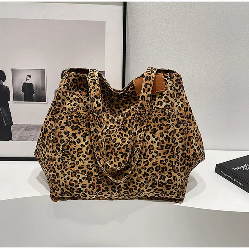 Vintage Leopard Print Women's Handbag Fashion Large Capacity Leopard Print Canvas Bag Underarm Bag Large Shopping Bag Women' Bag