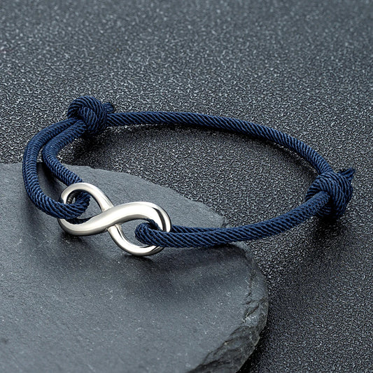 Blue braided rope infinity bracelet with polished silver interlocking loops