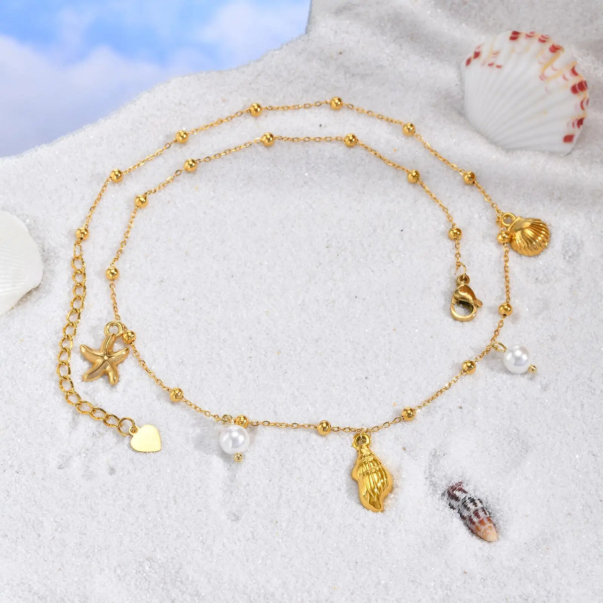 18K Gold Plated Pearl, Shell, Conch, Starfish Summer Beach Necklace for Women, Stainless Steel Waterproof Charm Jewelry