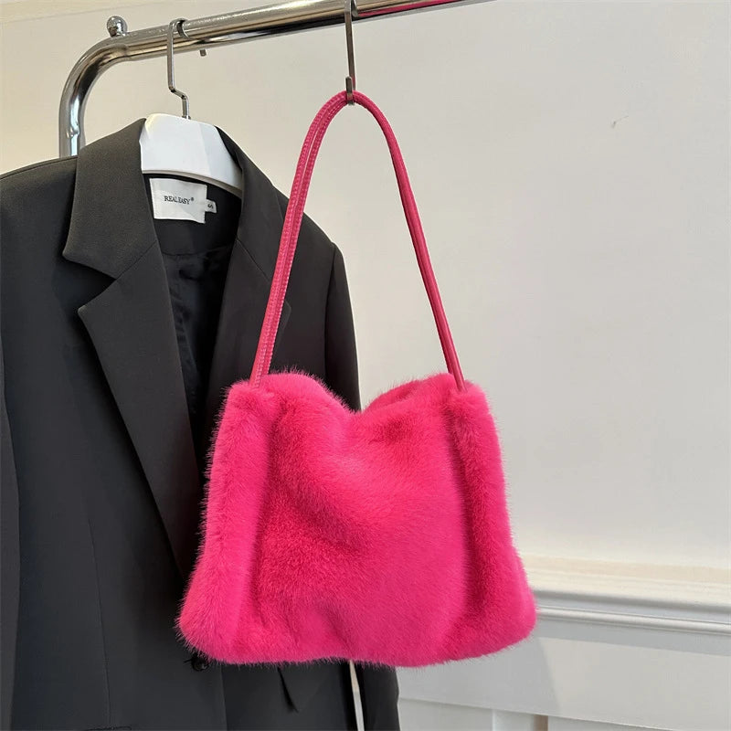 Female Autumn Winter Plush Handbag Versatile Solid Color Chain Crossbody Shopping Bag Women New Design Chain Messenger Bags