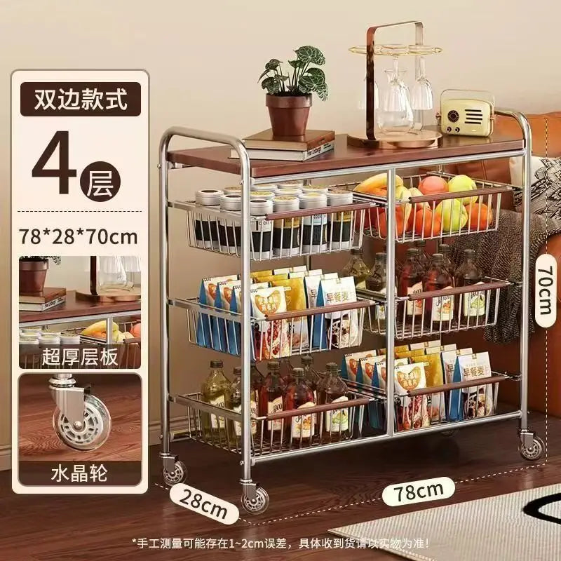 Wooden Rolling Kitchen Cart with 4/8 Baskets, Fruit Vegetable Storage Rack