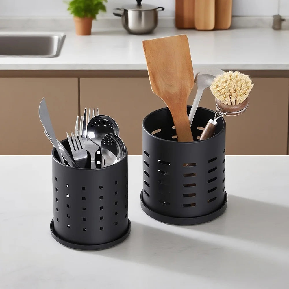 Black Stainless Steel Cutlery Holder - Large - Size Kitchen Storage Container for Knives, Forks & Chopsticks, Easy to Clean