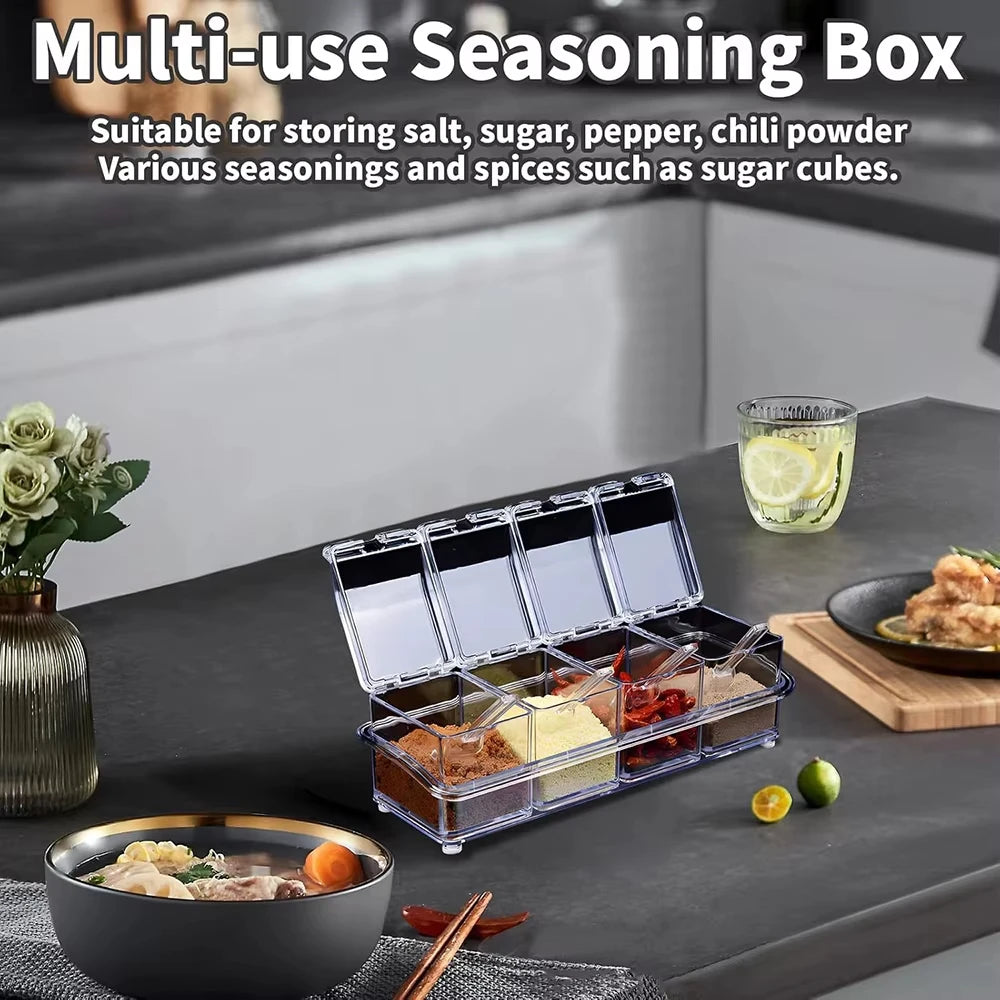 Kitchen Spice Pot 4 Transparent Seasoning Boxes with Cover and Spoon for Storage Containers Seasoning Cans Acrylic Seasoning Box