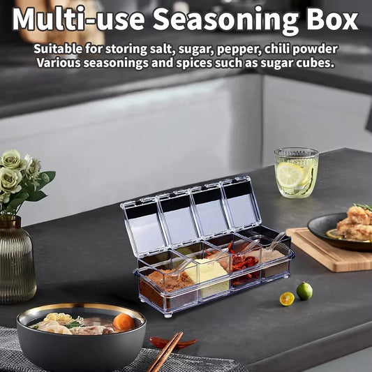 Transparent acrylic multi-compartment seasoning box with hinged lids, spices visible in bins