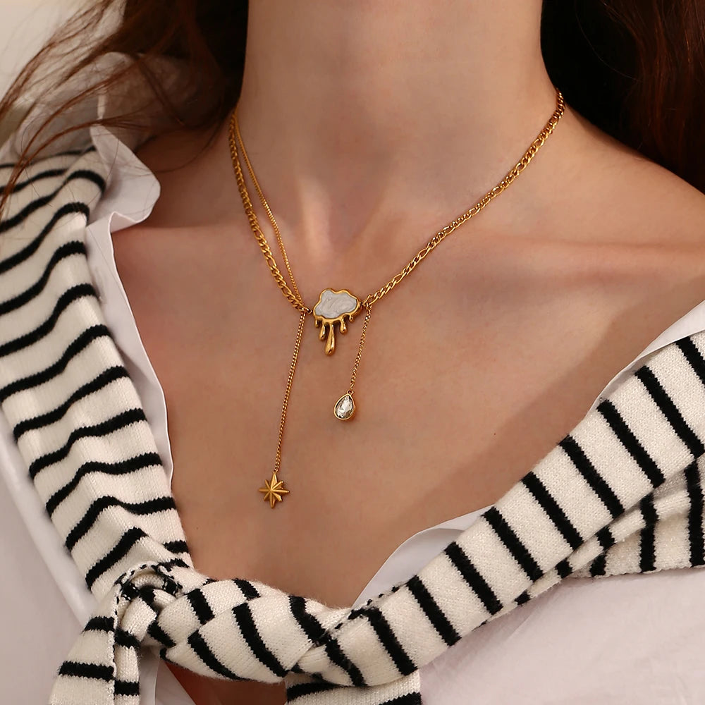 Glossisland | Double Layers Cloud Tassel Zircon Necklace Stainless Steel Waterproof Jewelry Trendy Dainty Chic Necklace