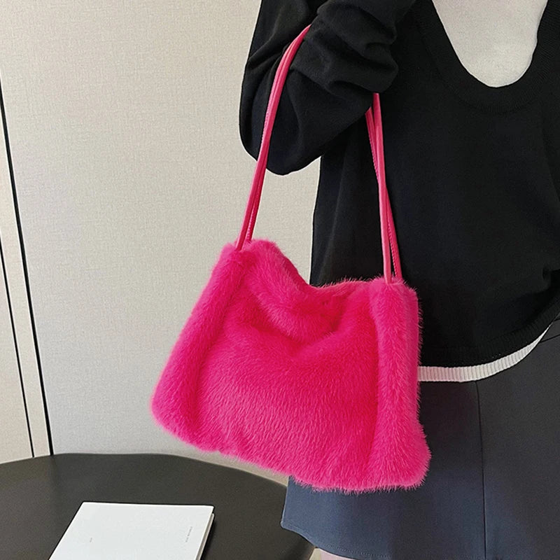 Female Autumn Winter Plush Handbag Versatile Solid Color Chain Crossbody Shopping Bag Women New Design Chain Messenger Bags