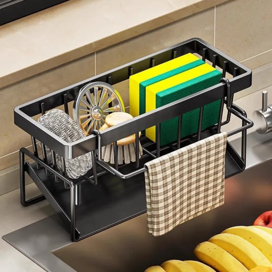 Kitchen sink drain rack organizer with compartments and side hanging hooks