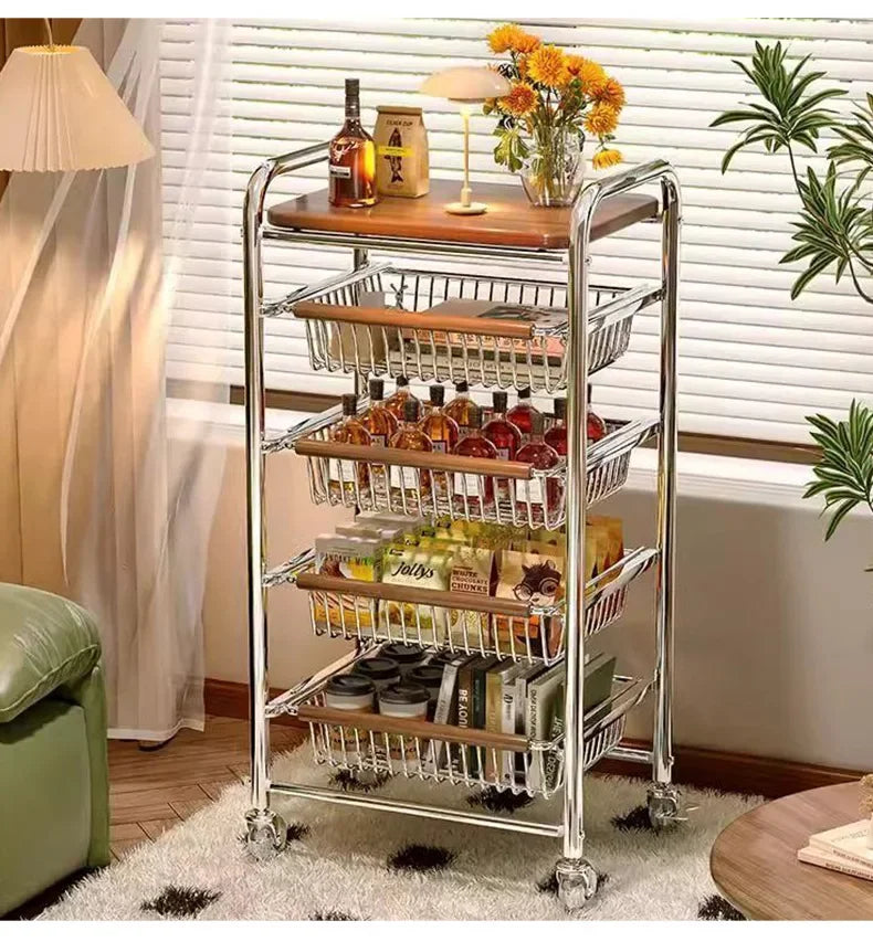 Wooden Rolling Kitchen Cart with 4/8 Baskets, Fruit Vegetable Storage Rack
