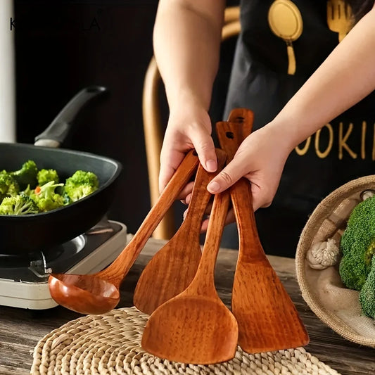 KEMORELA wood cooking utensil set, four wooden spatulas and scoops with loop handles