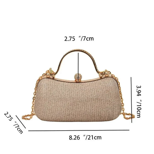 Champagne glitter chain evening bag with rounded top handle and clasp closure, compact