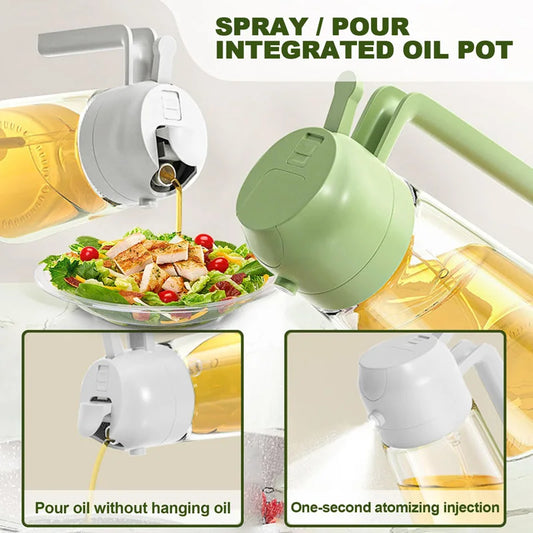 Integrated spray and pour oil pot with green pump sprayer, clear oil container