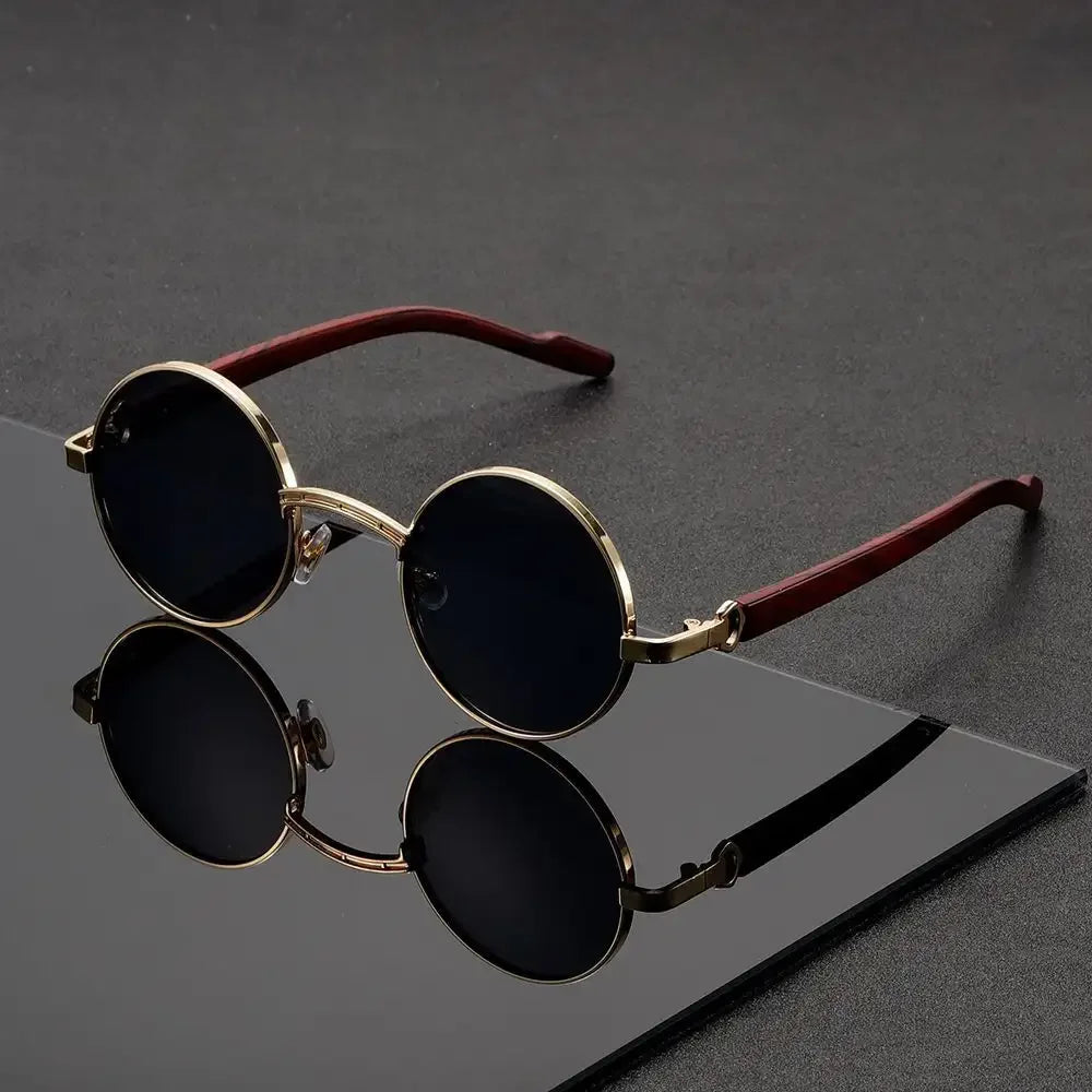 1pc SunGlasses, Retro Fashion Glasses For Men And Women, Metal Glasses With Imitation Wood Grain Temples