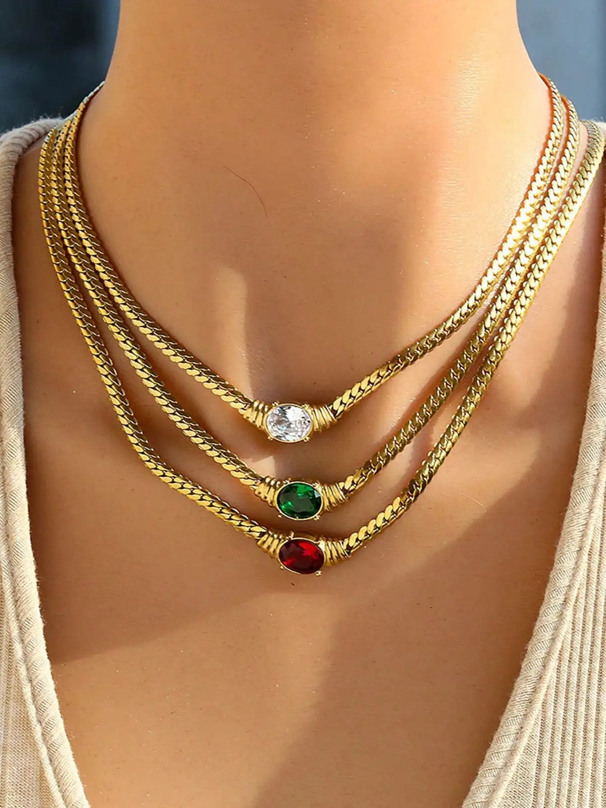Women Luxury Jewelry Egg Shape Gemstone Necklace Stainless Steel Necklace for Women