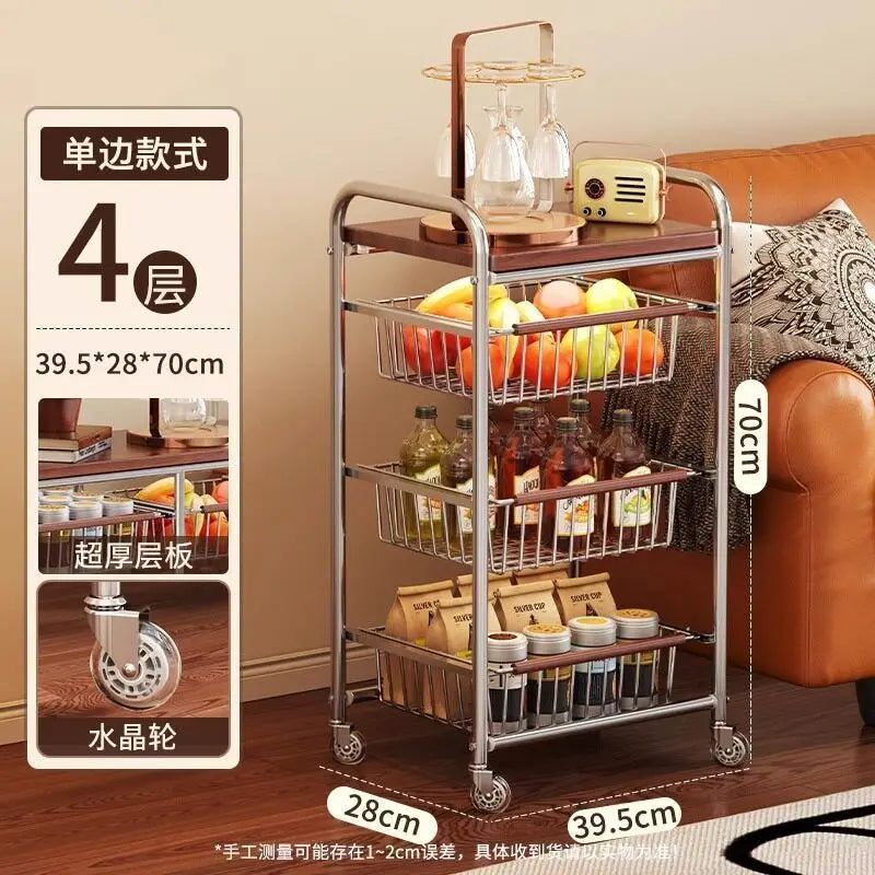 Wooden Rolling Kitchen Cart with 4/8 Baskets, Fruit Vegetable Storage Rack