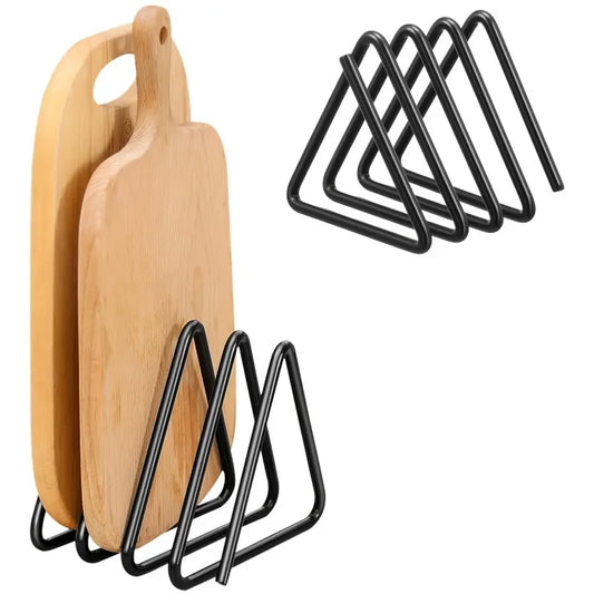 Black triangular metal cutting board organizer rack with wire slots, holding two wooden boards