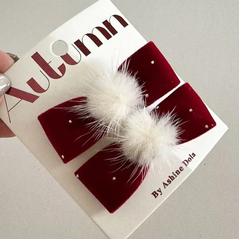 1/2Pc Red Velvet Bow Hair Pins Alloy Heart Hair Clips for Kids Girls Pompom Barrettes Ponytail Holder Headwear Accessories