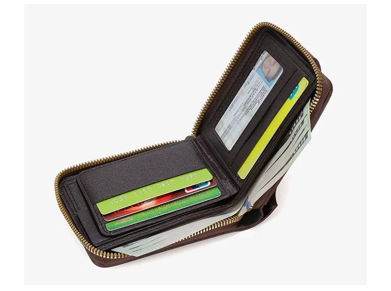 Short Horizontal Zipper Coin Pocket Tri-fold Card Case Purse Billetera Hombre Vintage Men High Quality PU Leather Small Wallet