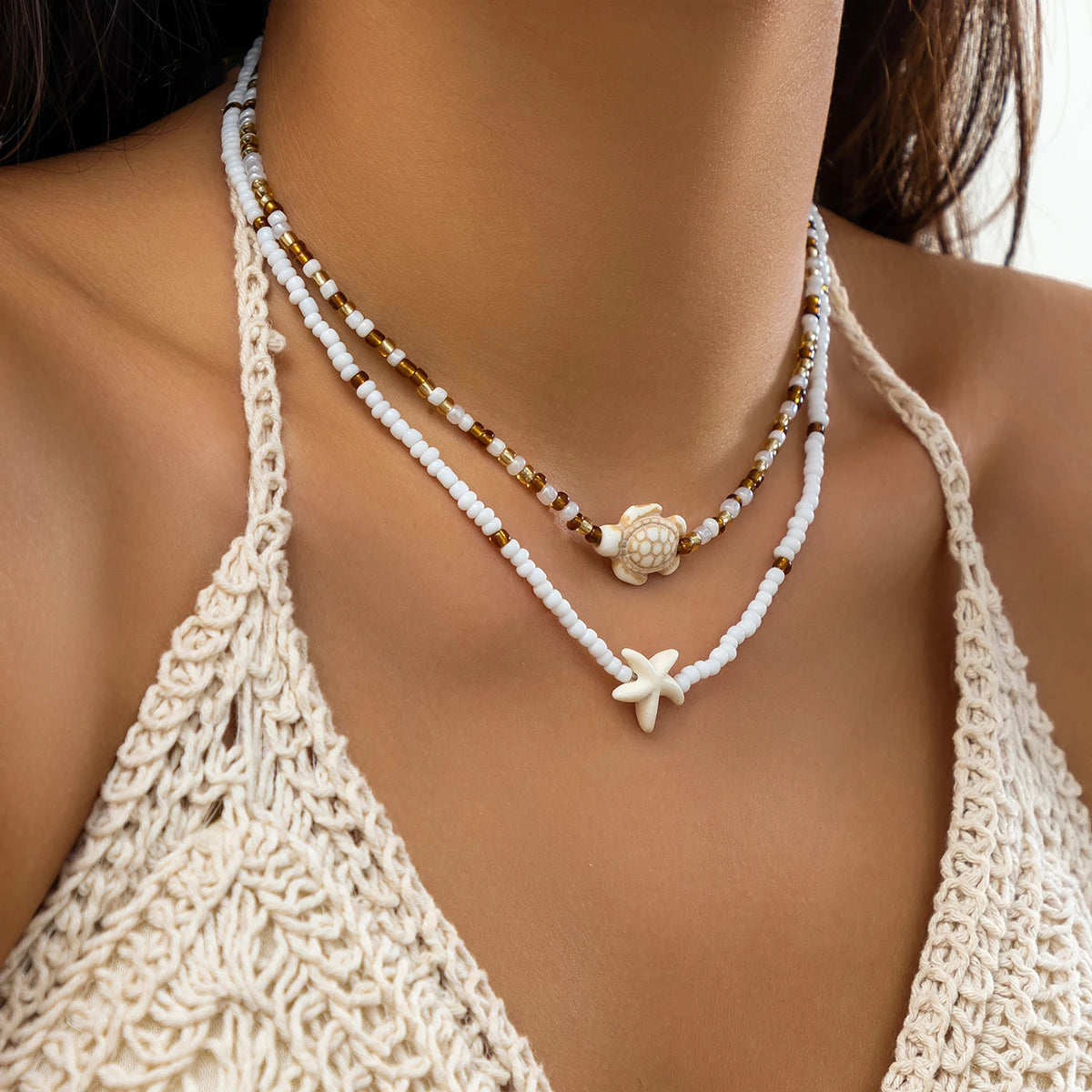 Layered Small Seed Beads Chains with Starfish Turtle Choker Necklace for Women Trendy Collar on Neck 2023 Fashion Jewelry Female
