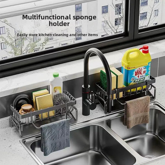 Over-sink kitchen cleaning holder with two tiers for sponges and dish tools