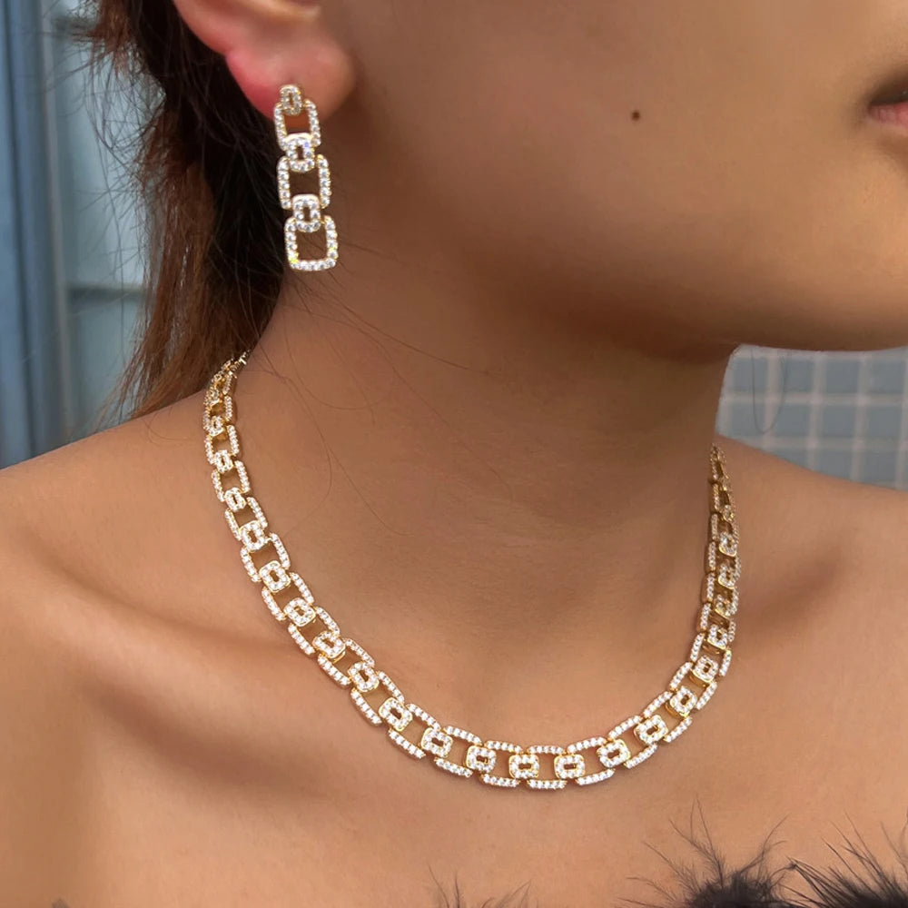 CWWZircons Fashion Micro Pave Cubic Zirconia Cuban Chain Link Engagement Wedding Necklace Earrings Jewelry Sets for Women T0944
