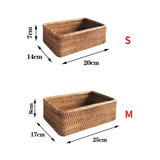 Woven rattan storage basket set with two sizes shown and labeled S and M.