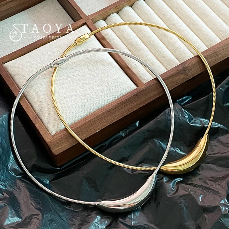 French Retro Design Metal Tube Snake Bone Chain Collar For Women's Exaggerated Stainless Steel Necklace Girls' Colorless Jewelry