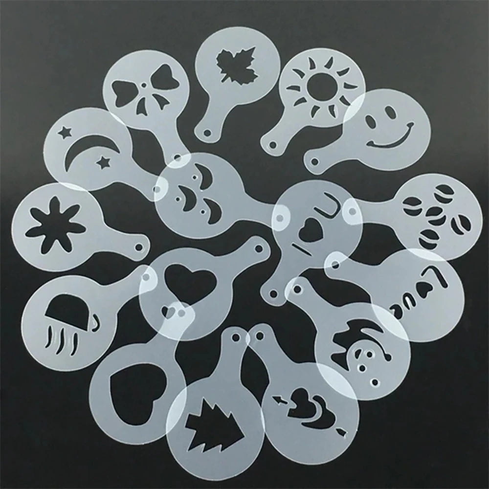 16PCS Coffee Stencils Fancy Coffee Printing Model Milk Cake Stencils Cappuccino Mold Cake Drawing Mould Home Kitchen Supplies
