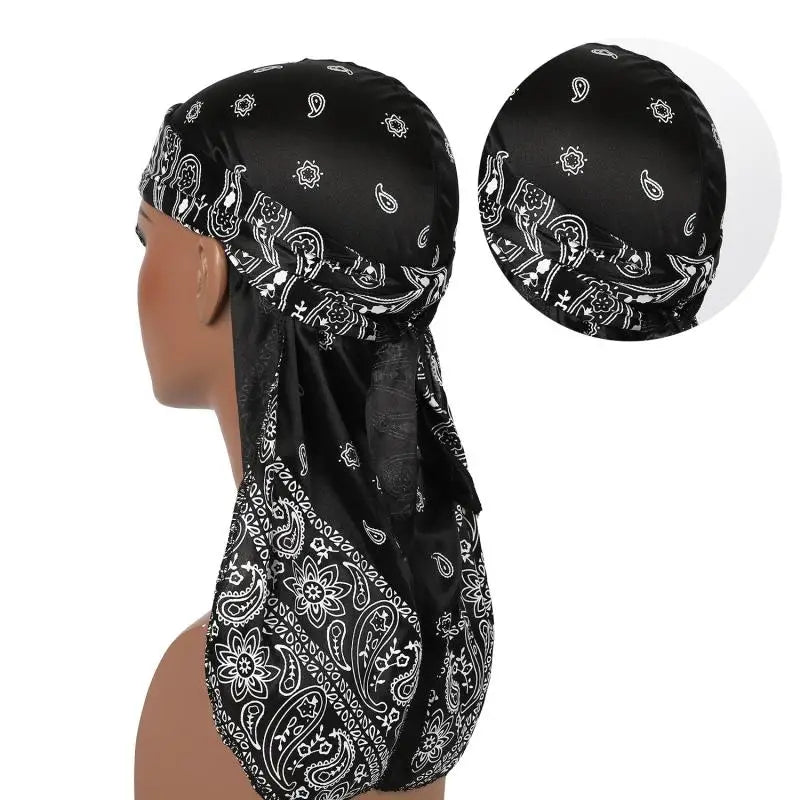 Satin Floral Printed Headband Scarves for Women Hair Accessories Mens Doo Rag Durag Long Tail Cap Bandana Turban Unisex Headwear