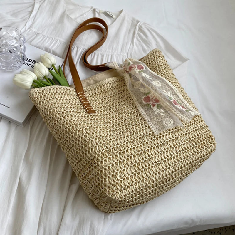 Summer Large Capacity Tote Bag Women Shoulder Bag Handmade Woven Bag Fresh Rural Handheld Grass Woven Women Bag
