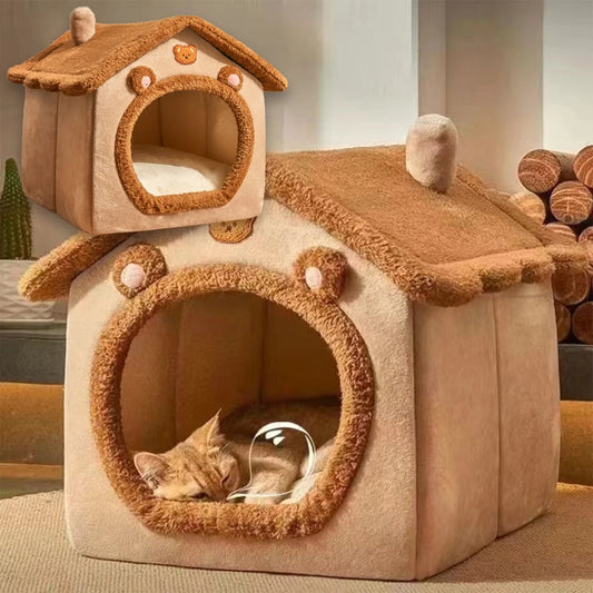 Brown foldable pet house with round tunnel doorway and removable cushioned roof