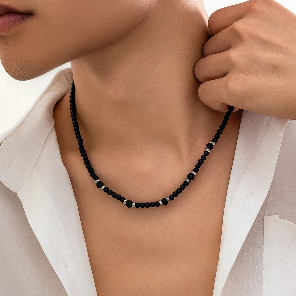 Salircon Punk Black Crystal Bead Clavicle Necklace Men's Simple Ethnic Style Bead Chain Choker On Neck Jewelry Gift
