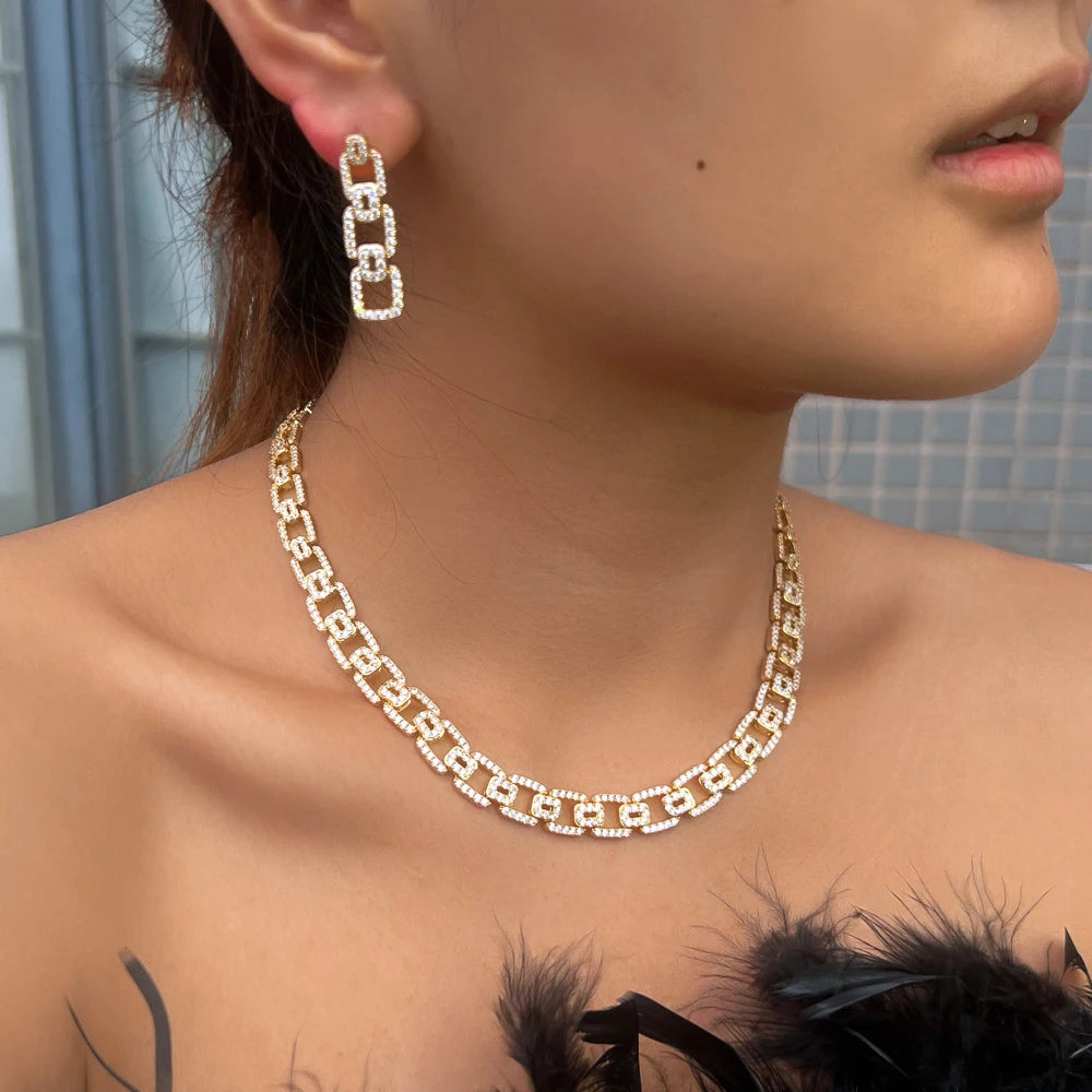 CWWZircons Fashion Micro Pave Cubic Zirconia Cuban Chain Link Engagement Wedding Necklace Earrings Jewelry Sets for Women T0944