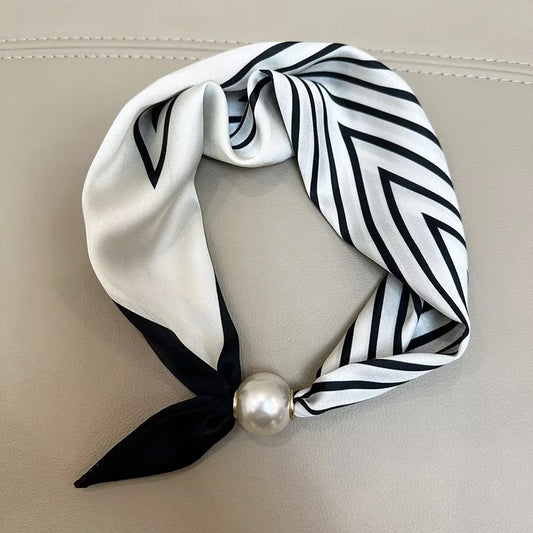 Black and white striped silk scarf neck wrap with pearl magnetic clasp