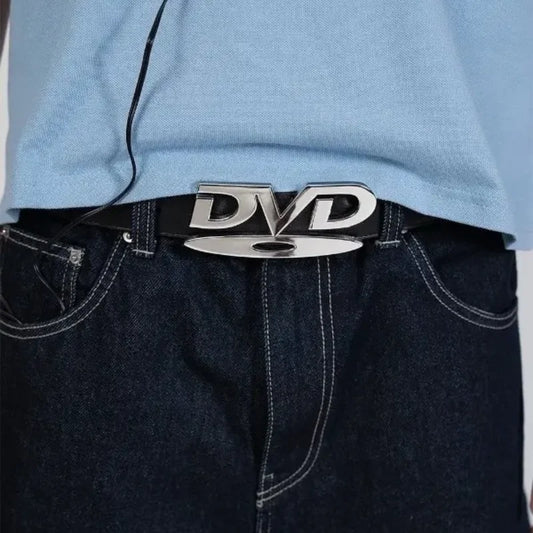 Black waist belt with silver DVD-style buckle on dark jeans