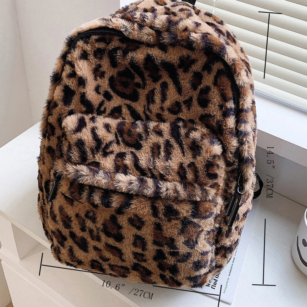 Luxury Brown Leopard Pattern Plush Womens Backpack Large Capacity Backpack Purse Multi Pocket Adjustable Straps For Commute