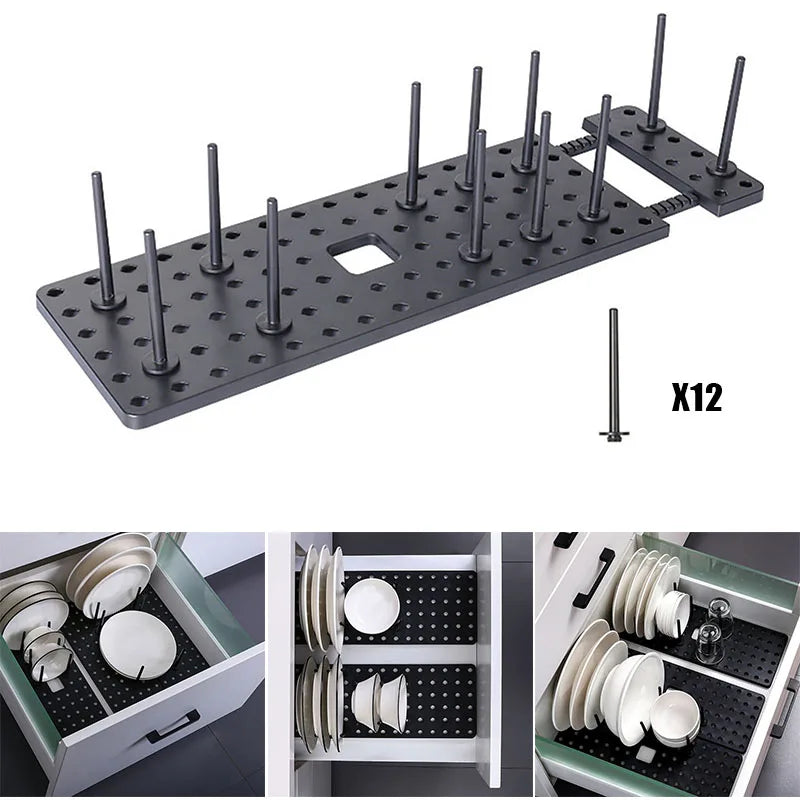 Drawer Retractable Tableware Rack  Pegboard Drawer Organizers  For Kitchen Adjustable Dish Plate Storage