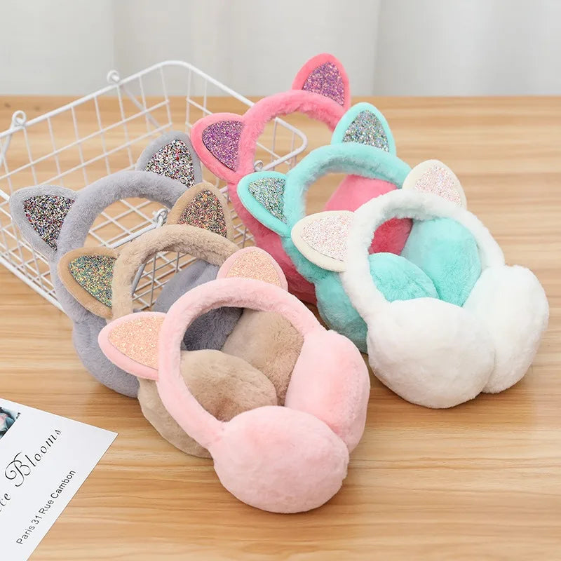 Playful Girls Ear Muffs Cold Protection Warm Hot Lovely Winter Warm Cat Ear Warmers Glitter Ears Plush Earmuffs for Women EZr02
