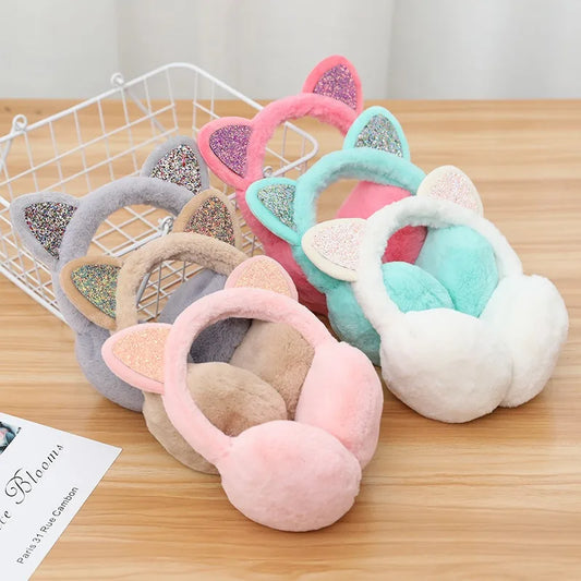 Set of plush cat-ear earmuffs in pink, white, gray, and blue with glitter ear details