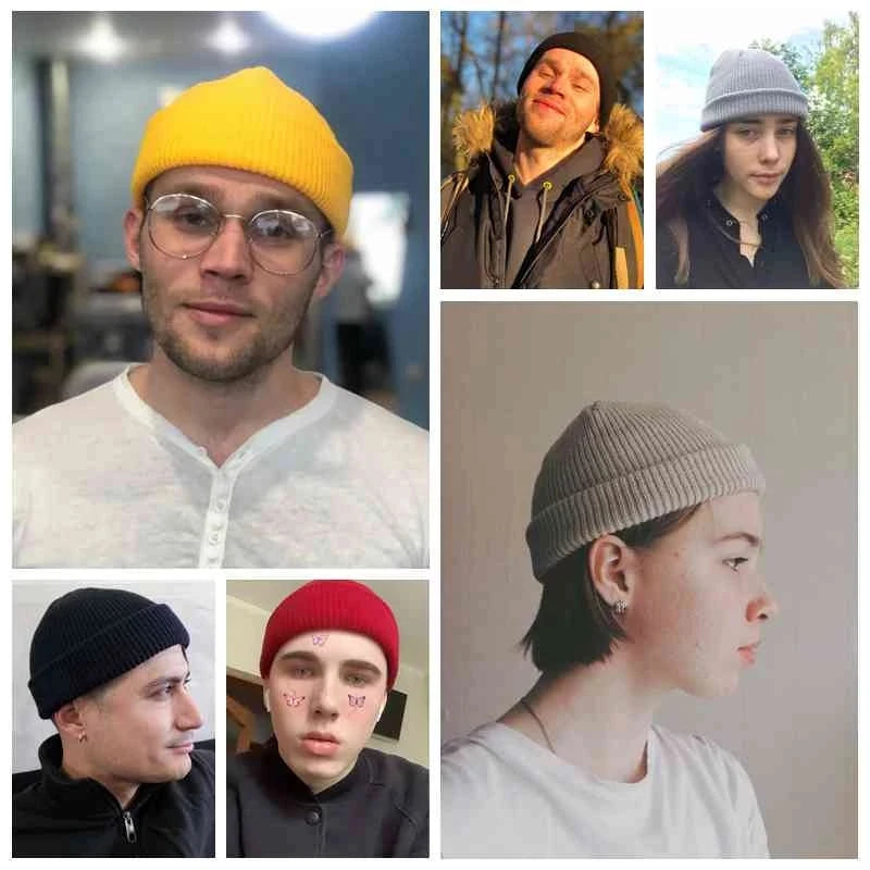 Beanie Knit Hats Fashion Men Boy Skullcap Sailor Caps Cuffs Retro Navy Short Hat Solid Color Unisex Winter Warm Cap Roll-up Edge
