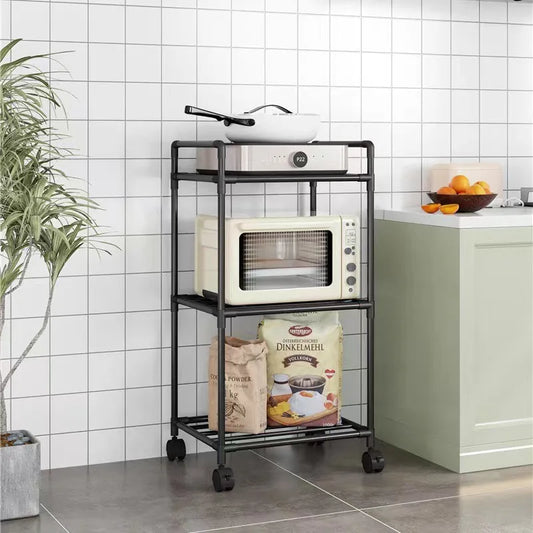 Multi-level kitchen storage cart with black metal frame and rolling wheels, for shelves