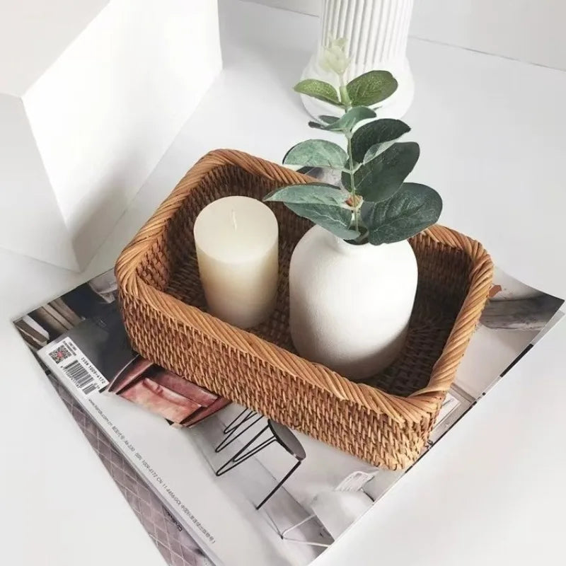 Rattan Storage Basket for Home Decor Snack Handmade Woven Nesting Baskets Wicker Storage Box Kitchen Table Household Supplies