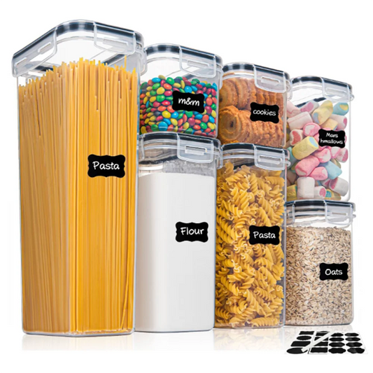 Airtight dry food storage container set with labeled transparent lids and filled compartments